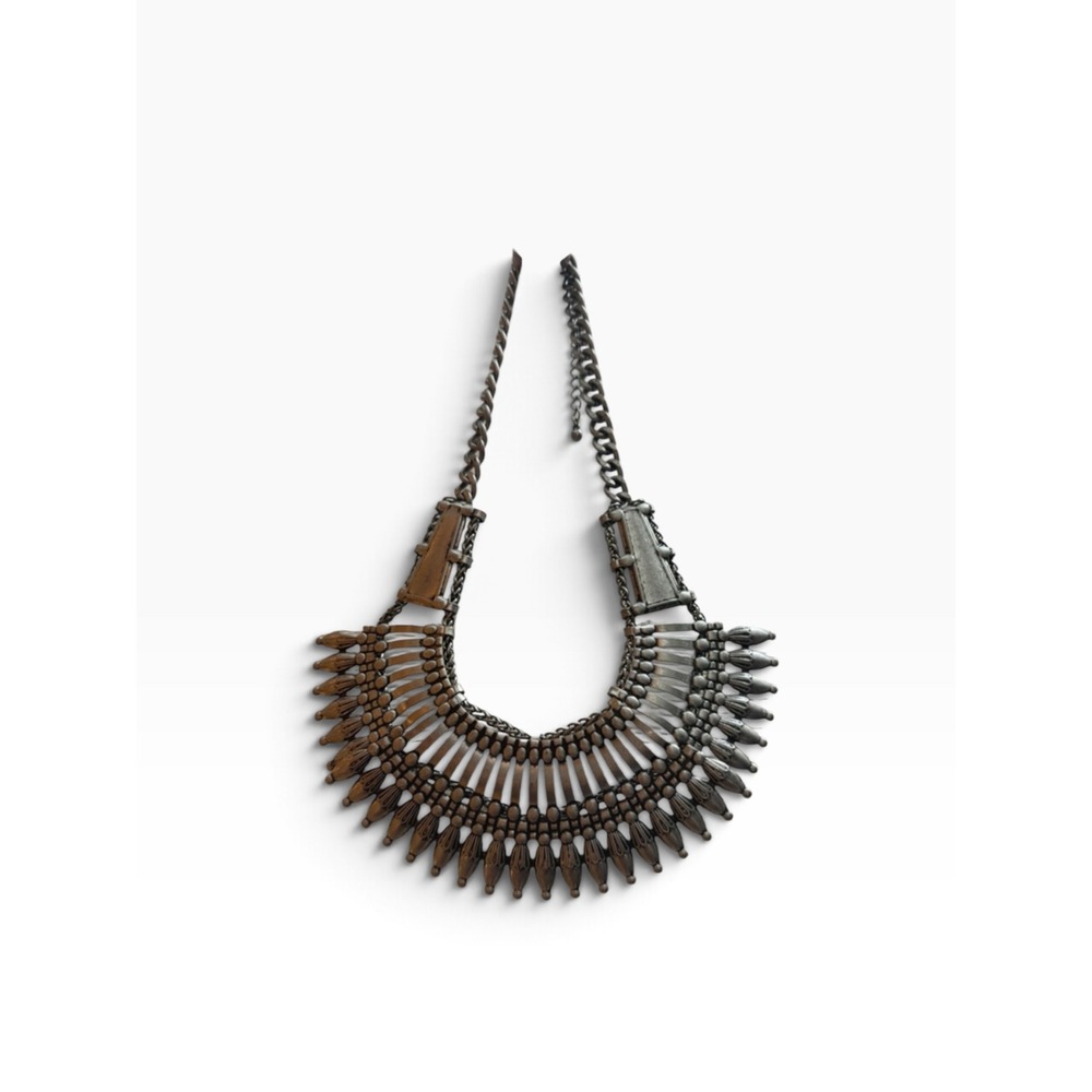 Vintage Silver Tone Heavy Metal Bib Necklace Tribal Boho Statement Collar